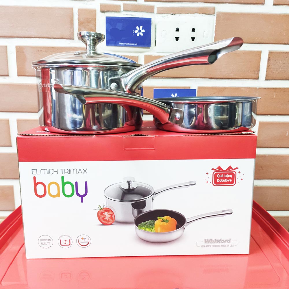 Bộ nồi và chảo Inox 304 chống dính thân đúc đáy từ liền Elmich Trimax Baby size 16cm