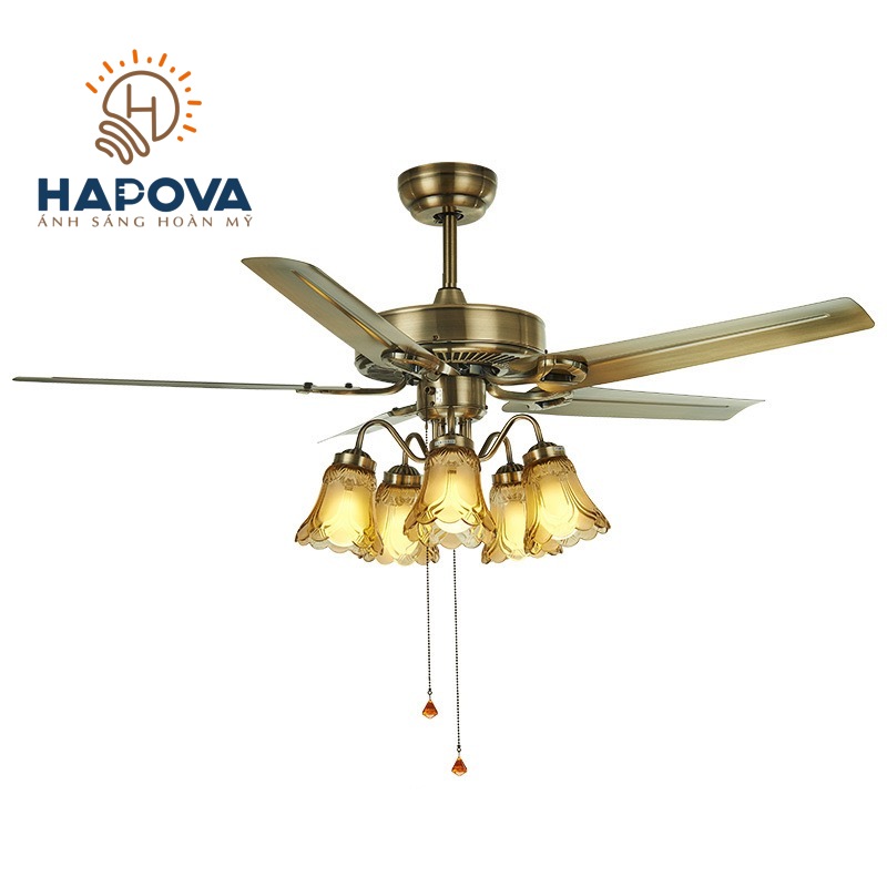 Quạt trần đèn, quạt trần có đèn led 5 cánh HAPOVA LINBA 8095 + Tăng kèm bóng led AS Vàng hàng chính hãng