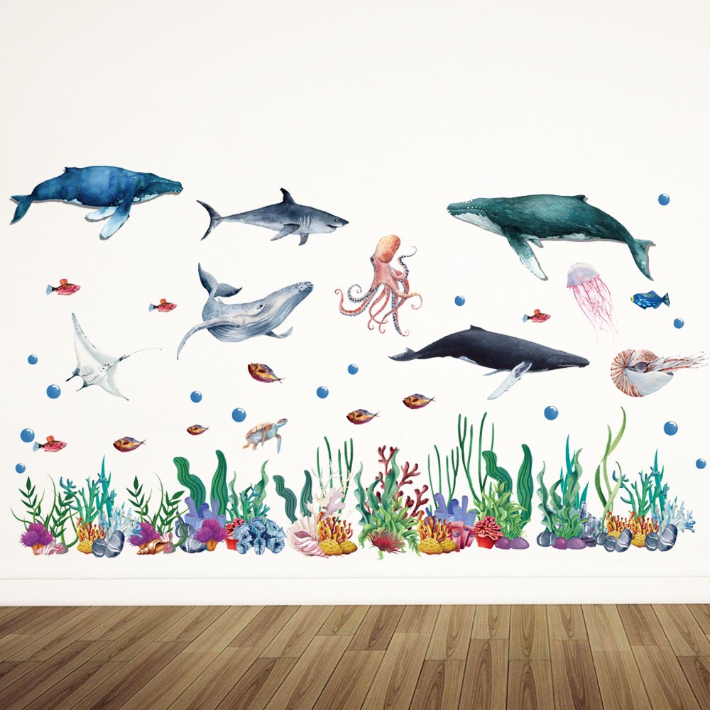 Decal trang trí tường - Đàn cá voi xanh