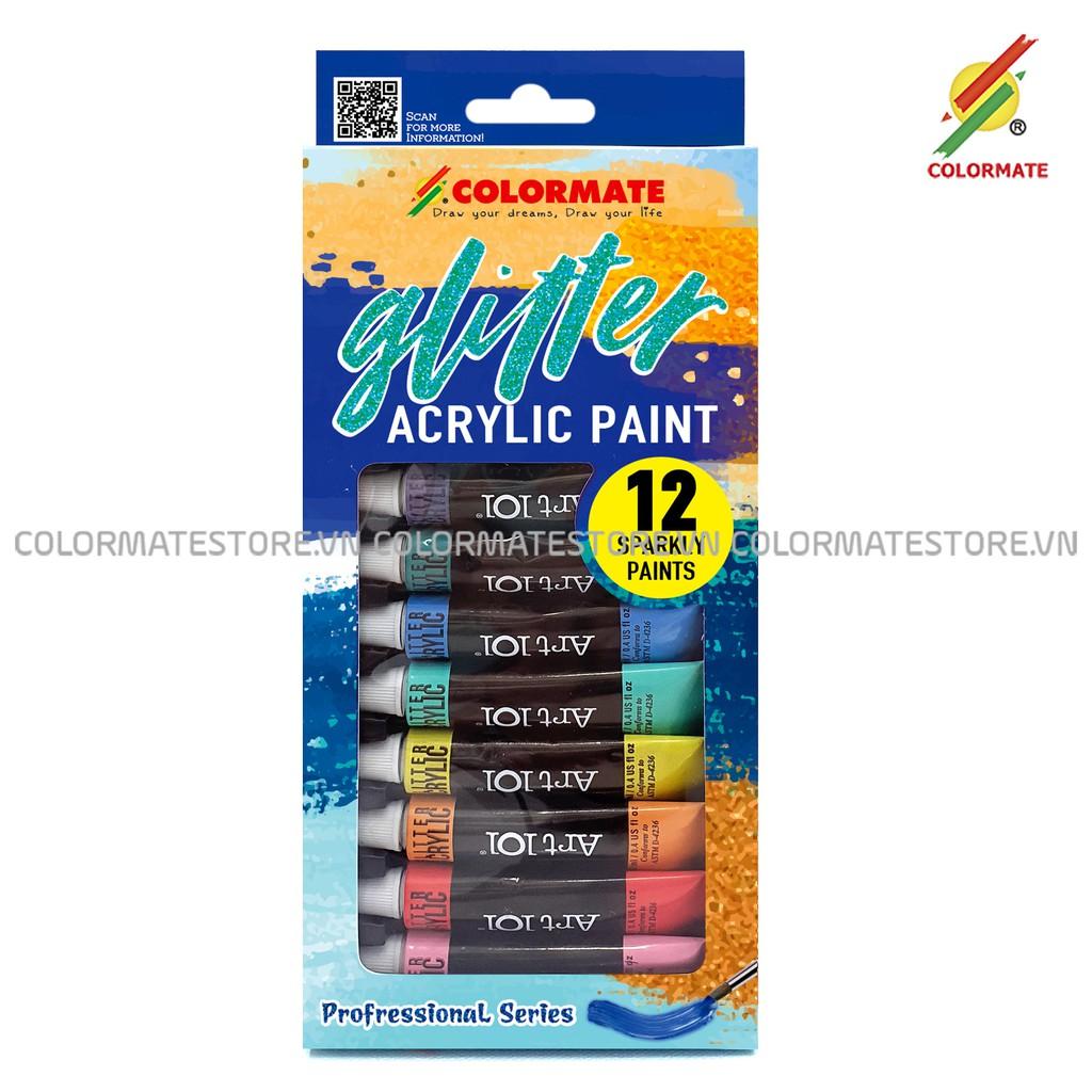 Màu vẽ Colormate Glitter Acrylic bộ 12 tuýp màu - COLORMATE