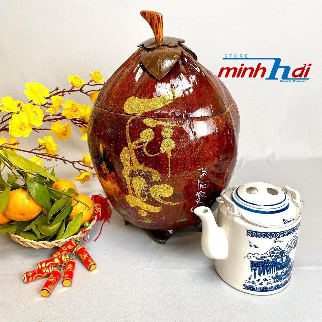 Bình Ủ trà trái dừa THƯ PHÁP - Bộ Tách trà gỗ dừa - Âm bằng sứ. Dụng cụ Ủ trà, Cà phê Truyền thống cổ điển