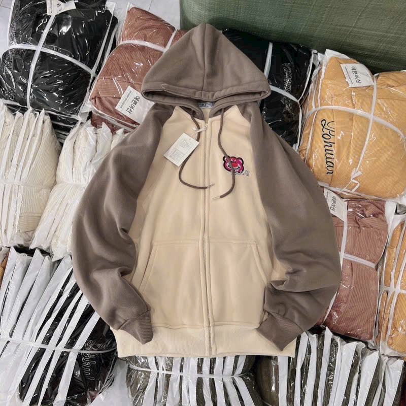 Áo Khoác Hoodie Dây Kéo Nam Nữ Thêu Hình GẤU DÂU REAR Phối Màu Chất Nỉ Cao Cấp Mẫu Mới Siêu Dễ Thương, áo khoác chống nắng