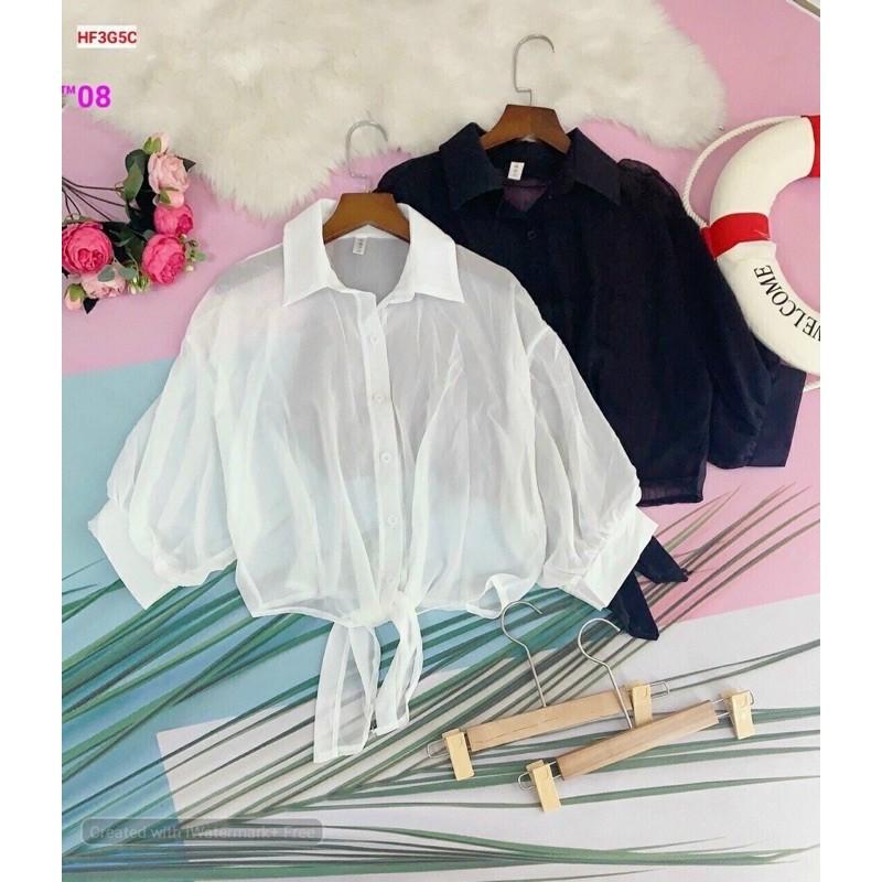 Áo sơ mi voan buộc nơ tay lửng vkv