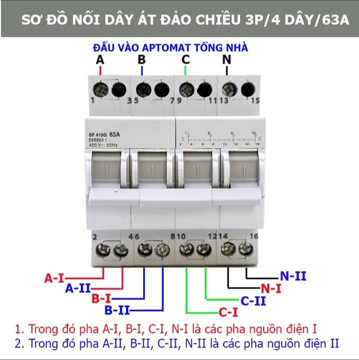 Cầu dao, aptomat đảo chiều nguồn điện 3 pha 4P 63A/380V