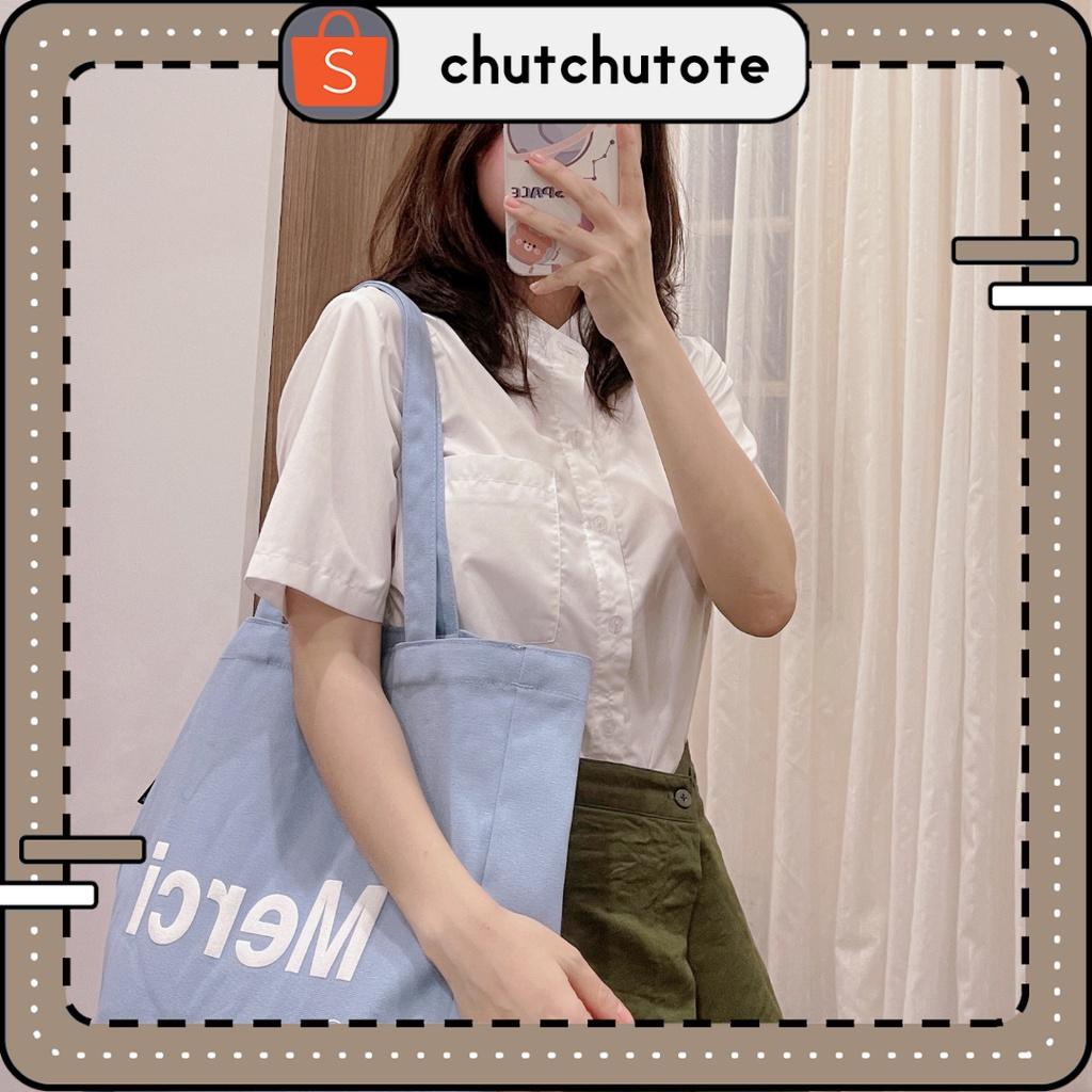 T260/ Túi Vải Tote Xanh Baby Blue Merci Đáng Yêu