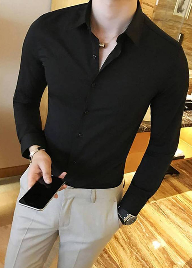 Áo Sơ Mi Nam Màu Đen Cổ Bẻ Dáng Ôm DENBE04