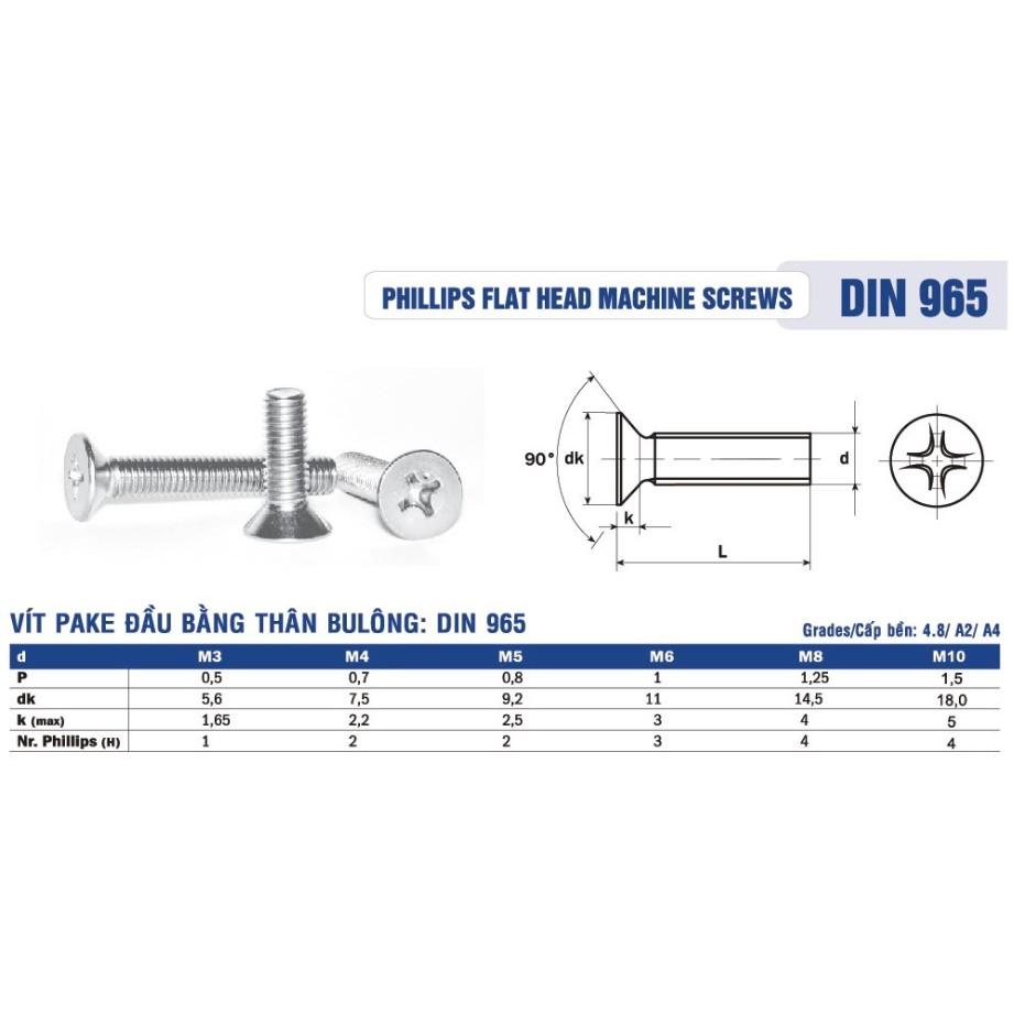 Combo 10 con Vít pake đầu bằng, 4 cạnh M3 M4 M5 M6 M8 Inox bu lông