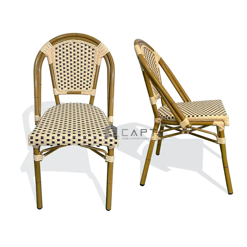 Ghế ăn ngoài vườn giả mây CC2034A Nội thất Capta Ghế cafe ngoài trời nệm nhựa đan màu trắng đen khung nhôm sơn màu nâu vàng cổ điển