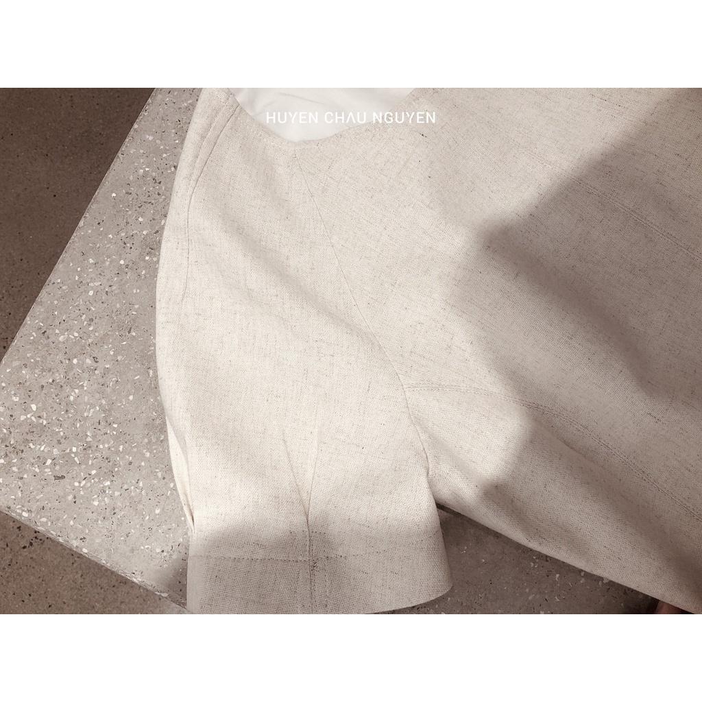 Đầm Robusta Dress Chất Linen Màu Muối tiêu Dáng xòe A ngắn cổ tròn HUYEN CHAU NGUYEN C1SDA033BE