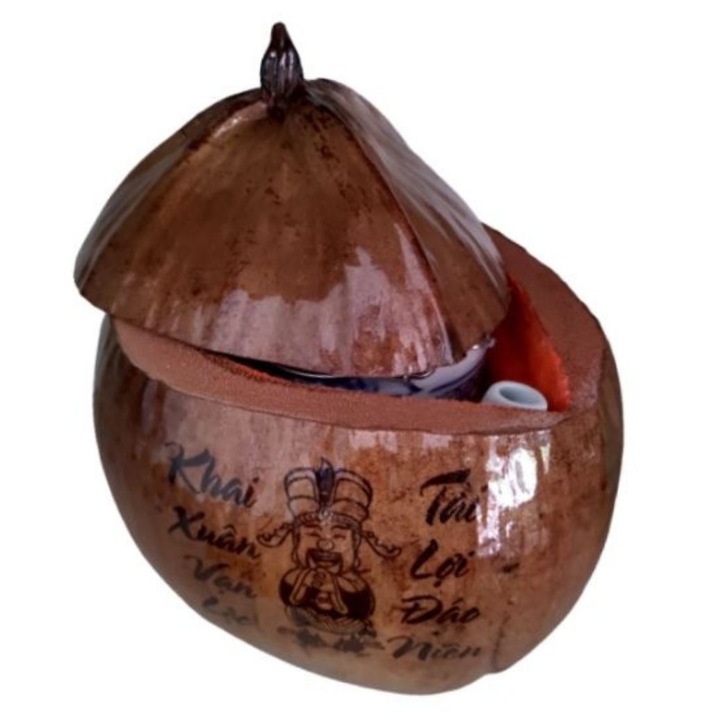 Vỏ Giữ Ấm Bình Trà Trái Dừa Khắc Hình Câu Đối Và Bình Trà 400 - 950ml - Sản Phẩm Được Sản Xuất Tại Bến Tre
