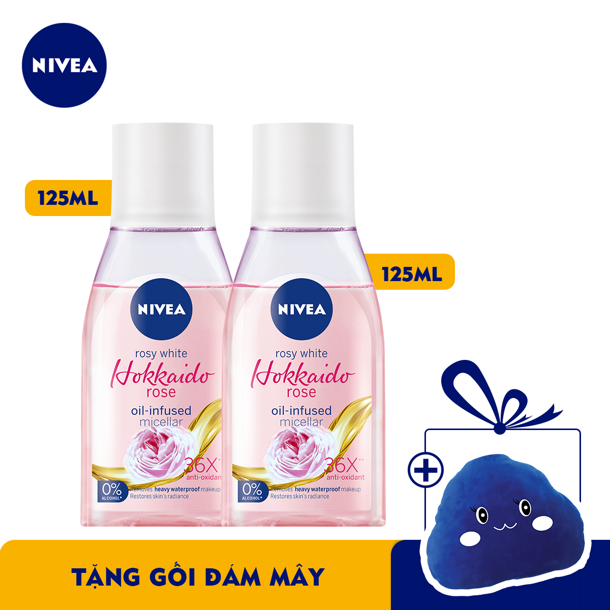 Combo 2 Nước Tẩy Trang NIVEA Chiết Xuất Hoa Hồng Hokkaido (125ml) - 84998 (TẶNG GỐI BỌT BÔNG SIÊU MỀM MỊN)