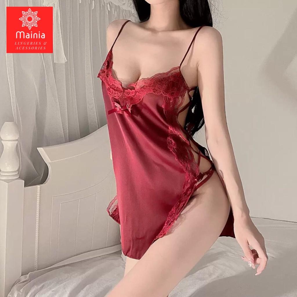 Đầm Ngủ Váy Ngủ Lụa Satin Dây Rút 2 Bên Sườn Sexy Gợi Cảm Cao Cấp Mainia Shop