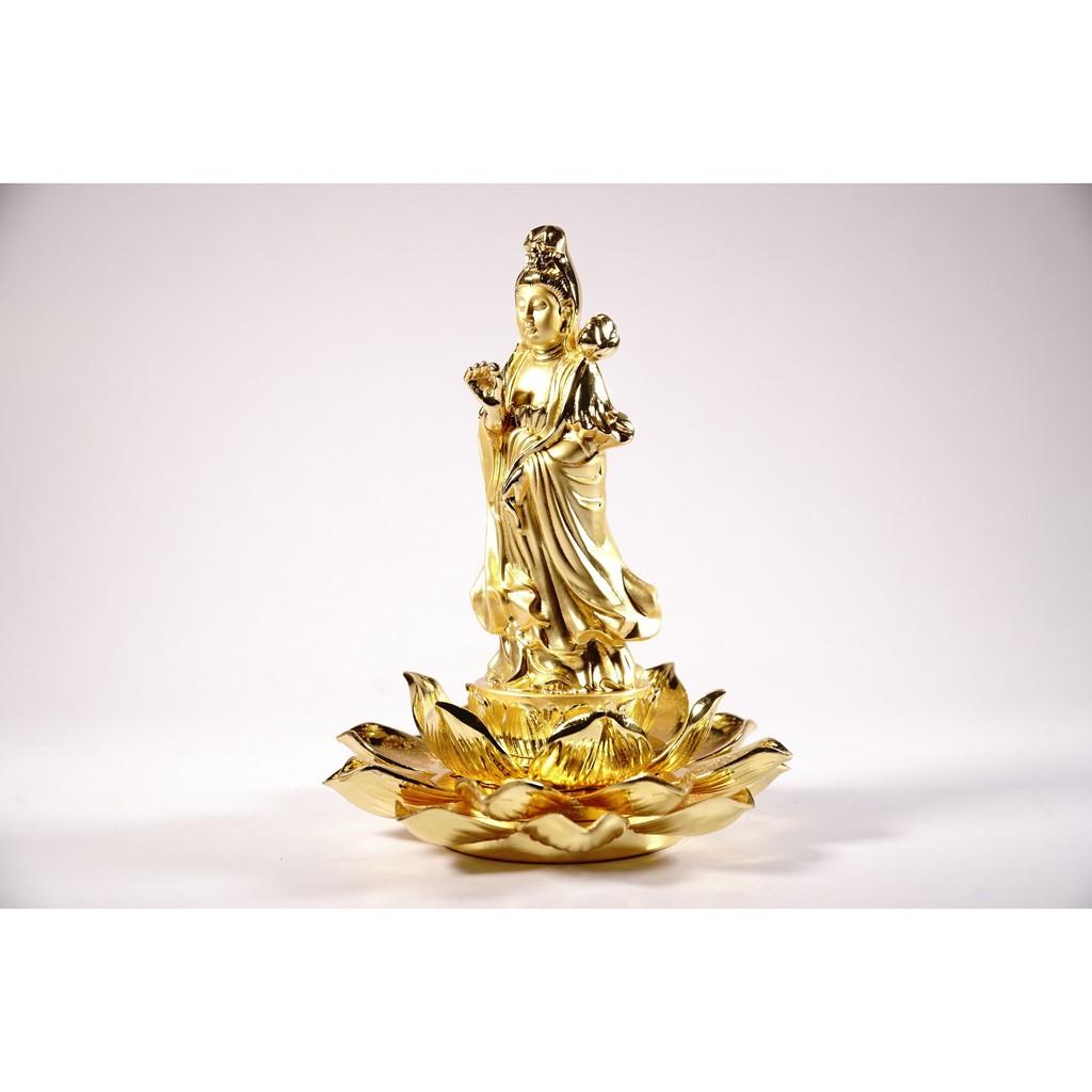 Tượng phật Quan Thế Âm Bồ Tát đứng đài sen đồng đặt xe - Cao 15cm