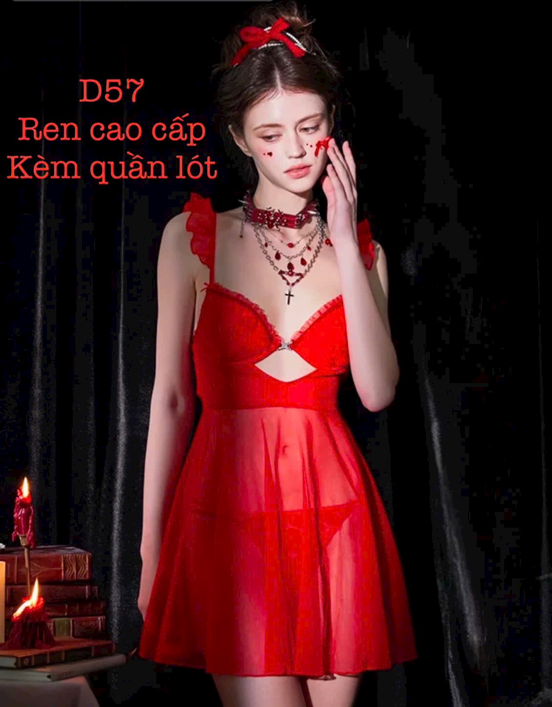 Váy Ngủ D57 Ren Lưới Xuyên Thấu Có Gọng Có Mút Kèm Chip Xinh Xắn