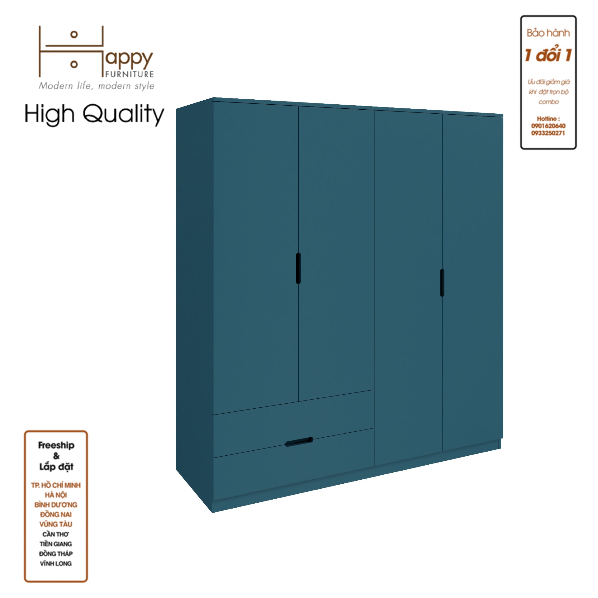 [Happy Home Furniture] MOLLY, Tủ quần áo 4 cánh mở - 2 ngăn kéo, 160cm x 54cm x 176cm ( DxRxC), TCM_109