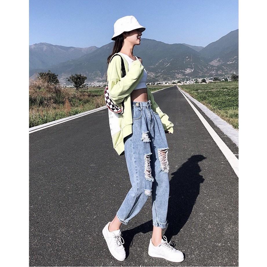 Quần jean nữ baggy lưng cao, quần bò baggy rách độc đáo có bigsize JB08