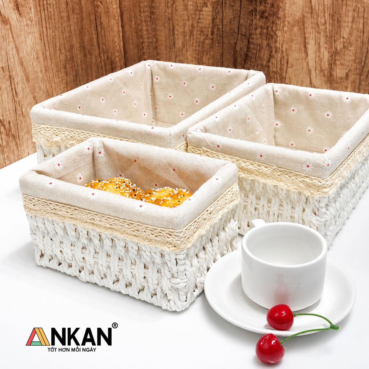 Giỏ Lót Vải Hoa Nhí Vintage Cao Cấp ANKAN – Giỏ Đựng Mỹ Phẩm, Đồ Ăn Vặt, Decor Phòng Sang Trọng