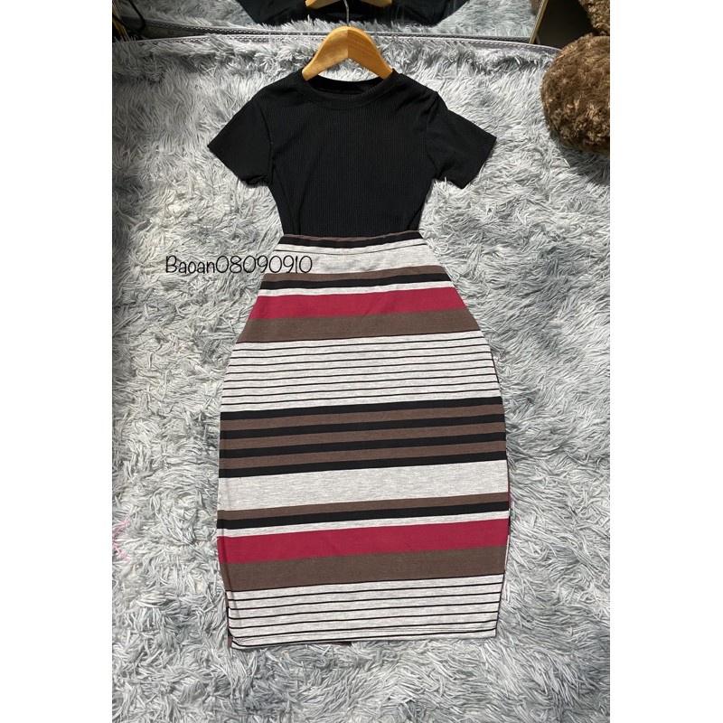 Set bộ nữ chân váy sọc phối áo thun body croptop chất vải thun Borip 4 chiều FreeSize dưới 53kg