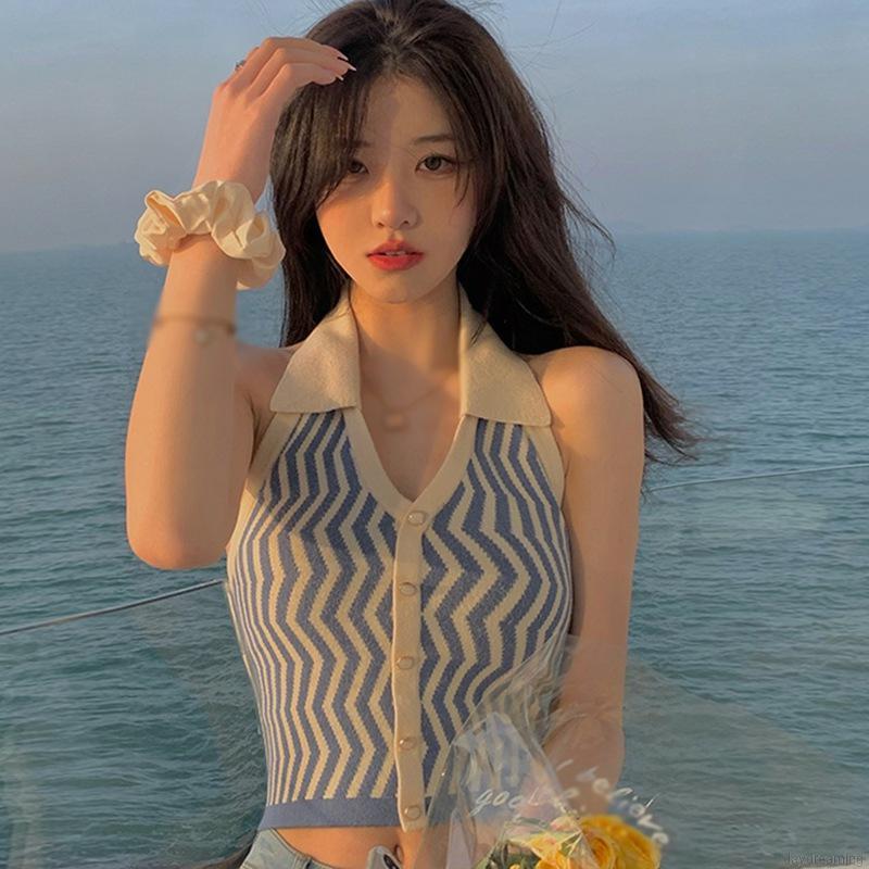 Áo Tank Top Dệt Kim Hoạ Tiết Kẻ Sọc Thiết Kế Cổ Chữ V Quyến Rũ