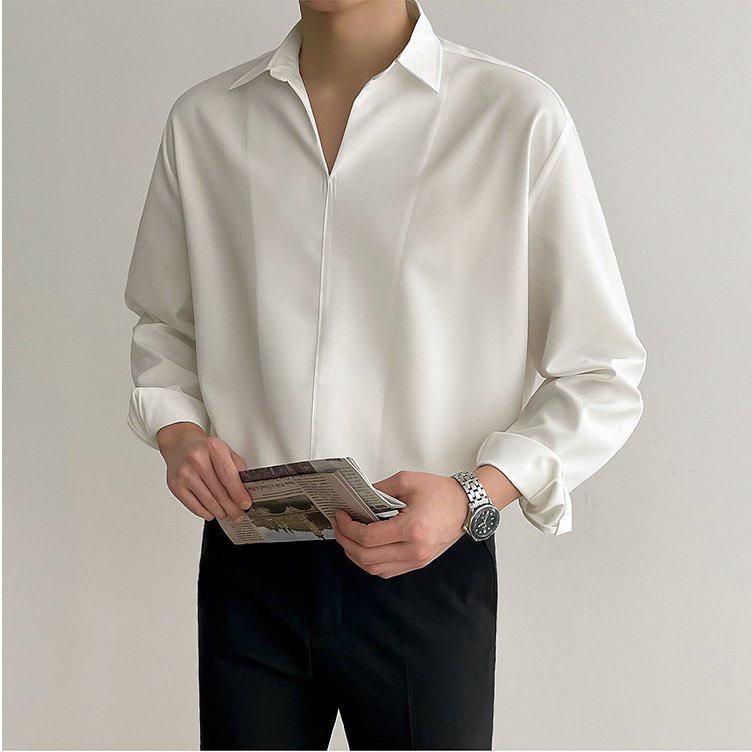 Áo sơ mi tay dài nam nữ cổ V form rộng Unisex Hàn Quốc chất vải Lụa rất đẹp mịn mát co giãn nhẹ - SKM001