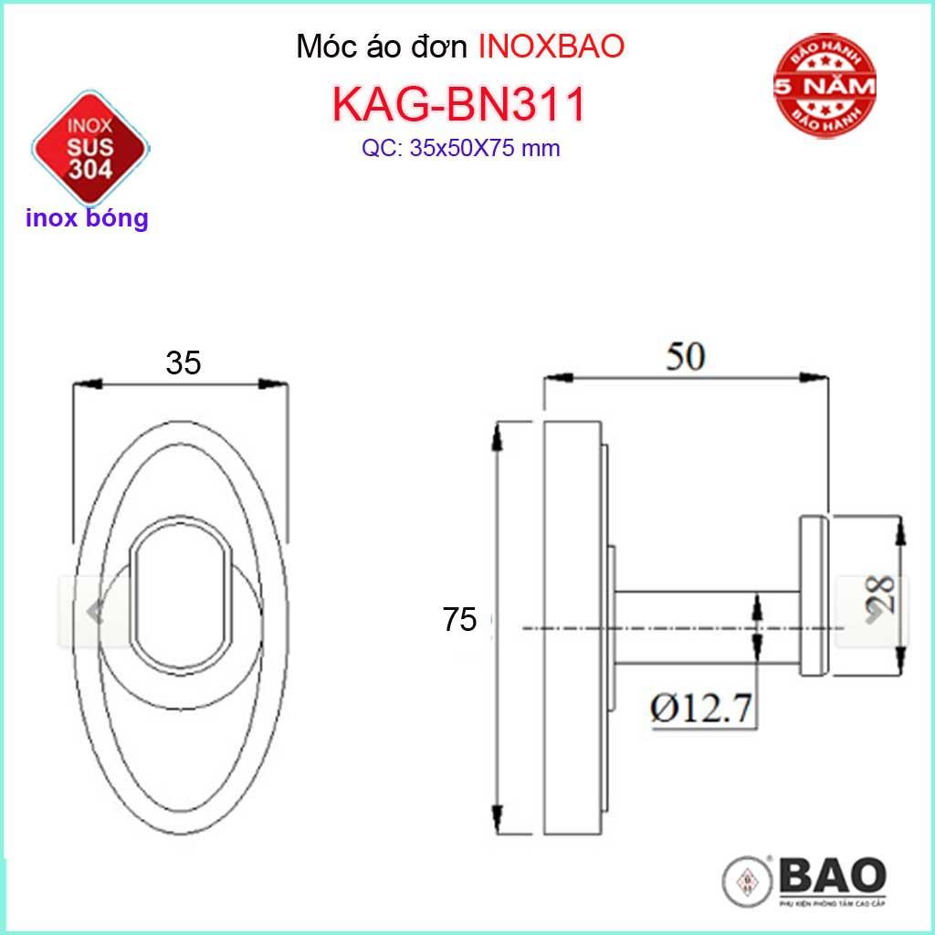 Móc đơn Inox Bảo KAG-BN311, móc treo đồ nhà tắm SUS304 đế oval thiết kế đẹp sang trọng gọn gàng