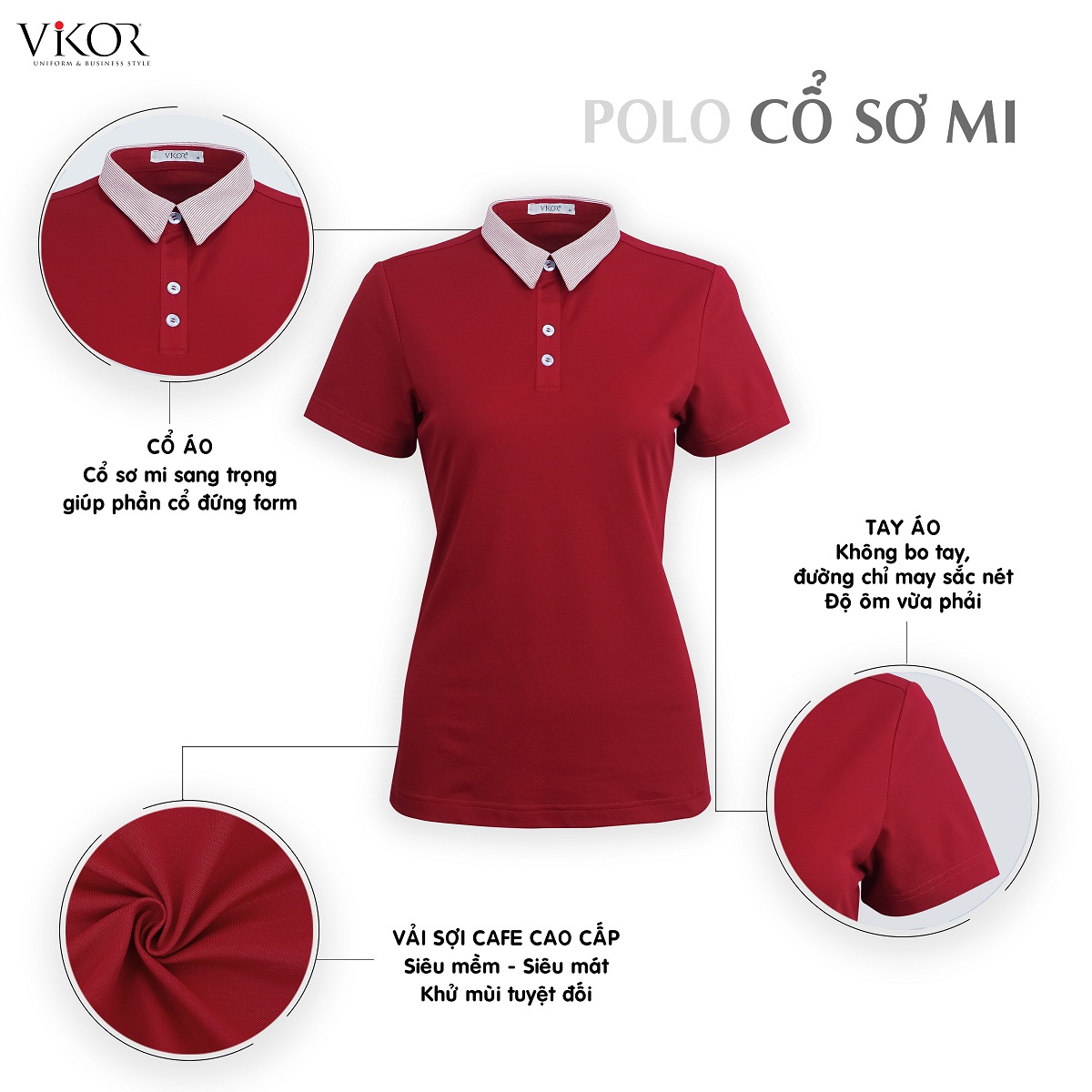 Áo thun POLO nữ cổ sơ mi VIKOR SMW04 đỏ đô vải sợi cafe cao cấp, mềm mại, siêu mát hàng chính hãng