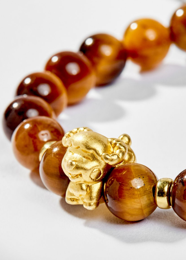 Vòng Tay Phong Thủy Đá Mắt Hổ Vàng Nâu Phối Charm Tuổi Mùi Bạc Mạ Vàng 24K Mệnh Thổ, Kim Ngọc Quý Gemstones