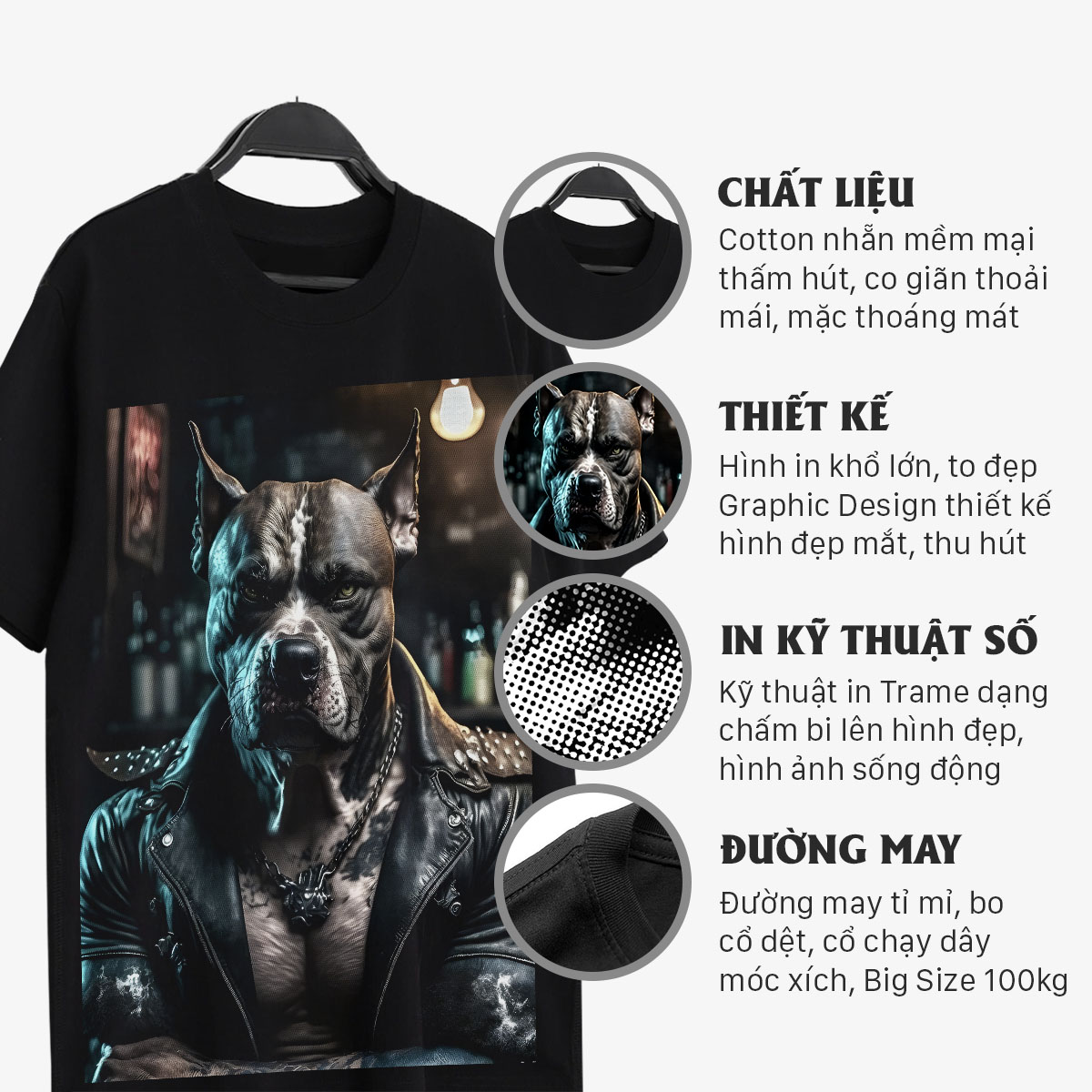 Áo thun nam cổ tròn tay ngắn TeeSett big size cotton màu đen in hình chó bull graphic design