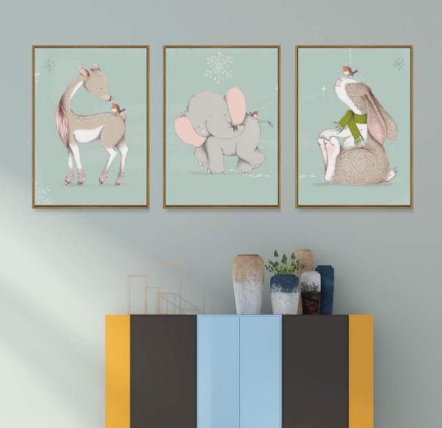 Bộ 3 tranh canvas hoạt hình động vật đáng yêu cho phòng baby