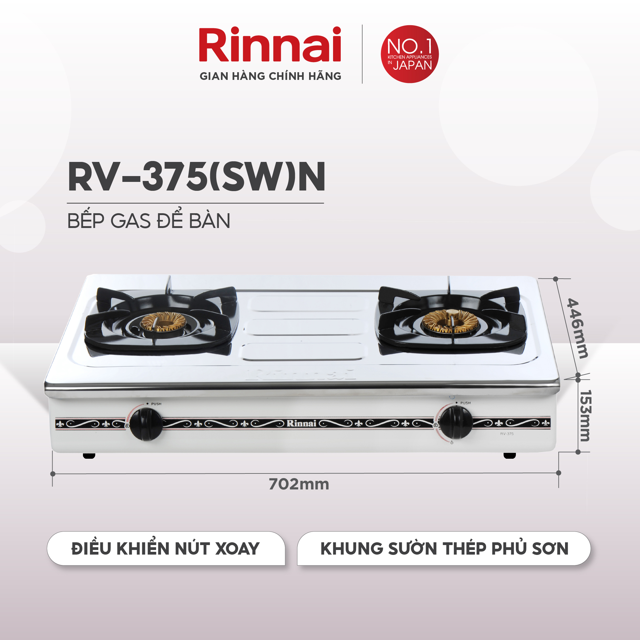 Bếp gas dương Rinnai RV-375N mặt bếp inox và kiềng bếp men - Hàng chính hãng.