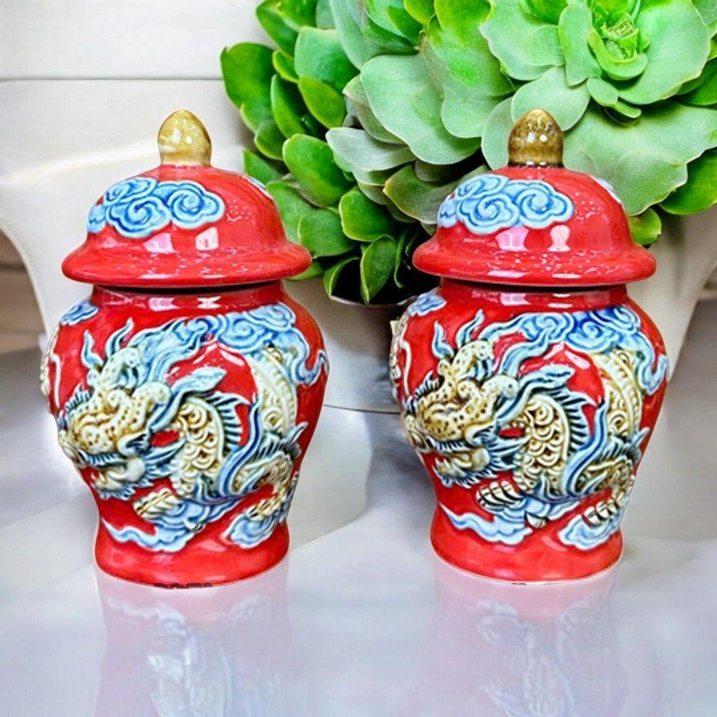 Chóe Thờ men đỏ đắp nổi RỒNG VIỆT, Hũ Đựng Muối Gạo Chiêu Tài, Gốm sứ Bát Tràng cao cấp