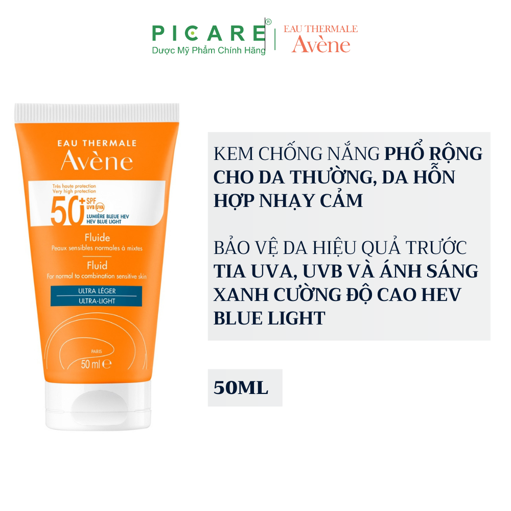 Kem Chống Nắng Phổ Rộng Cho Da thường, Da Hỗn Hợp Nhạy Cảm Avène Very High Protection Fluid SPF50+ Blue Light 50ml