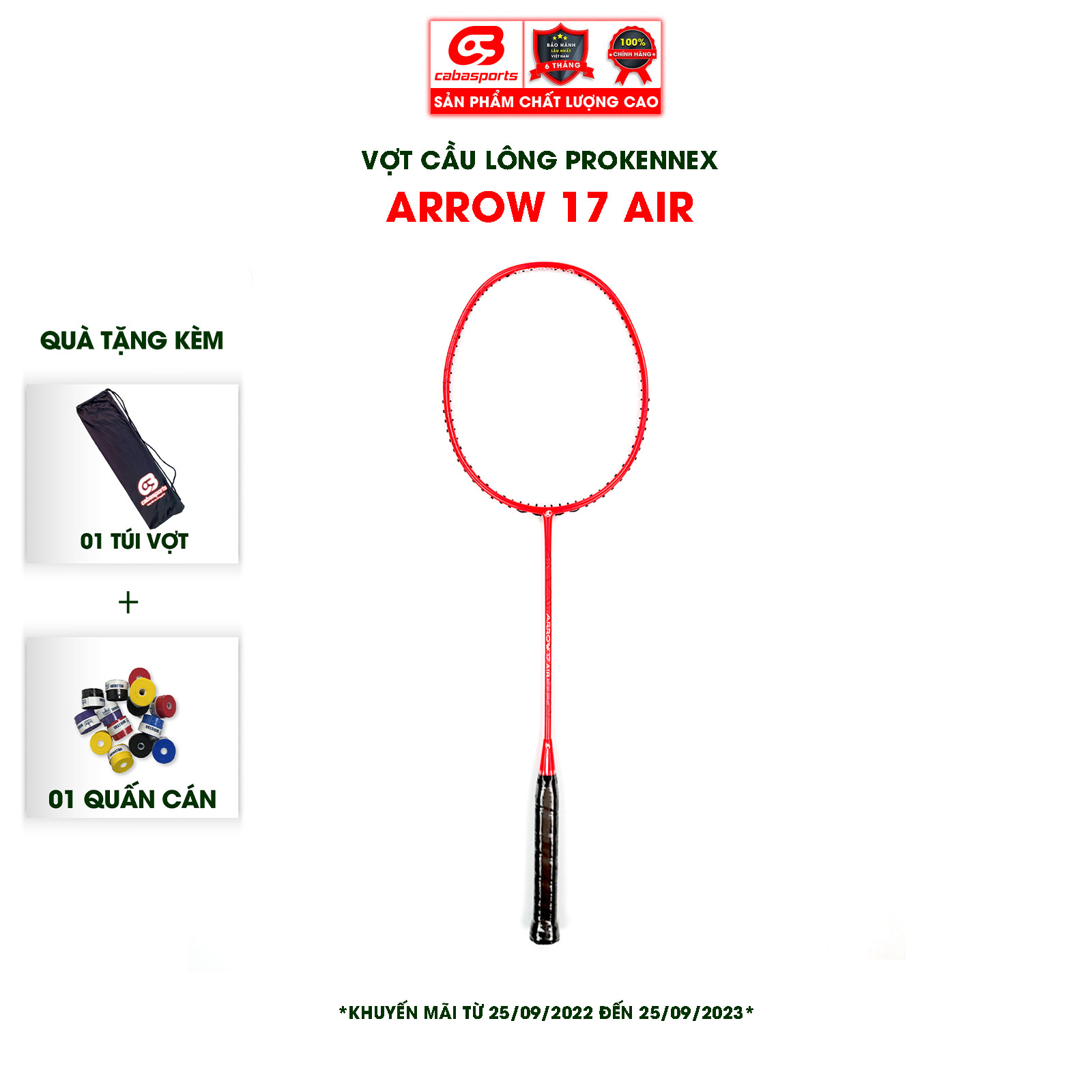 VỢT CẦU LÔNG ĐÃ ĐAN LƯỚI PROKENNEX ARROW 17 AIR 7U SIÊU NHẸ CHẤT LƯỢNG CHÍNH HÃNG (1 cây) - Tặng kèm quấn cán và túi vải Cabasports