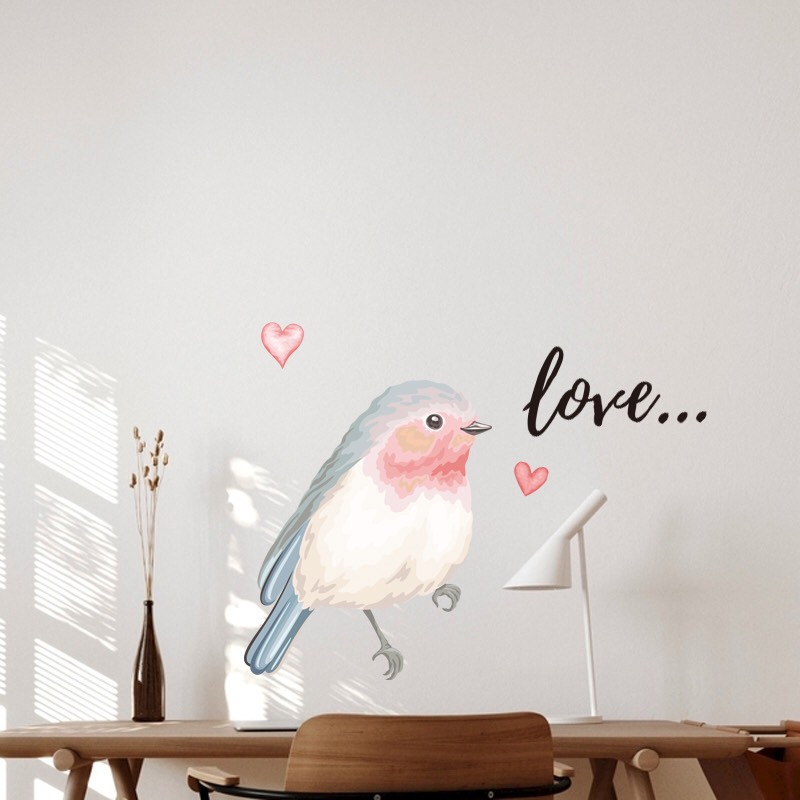 Decal trang trí tường - Chú chim hồng nhạt và chữ Love