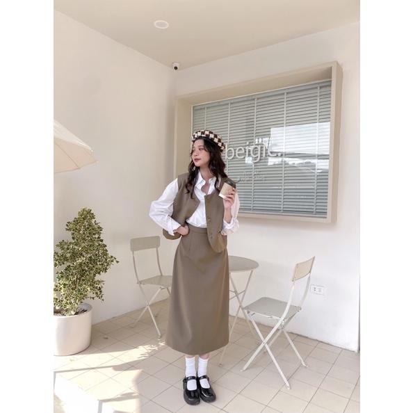 Set áo gile vest nữ dáng ngắn kèm chân váy dài 74b03 by germe