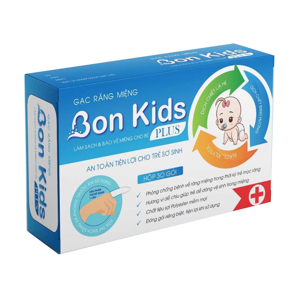 Gạc rơ lưỡi BON KIDS PLUS - làm sạch và bảo vệ răng miệng, kháng khuẩn kháng nấm chống sâu răng, tưa lưỡi sợi vải mềm mại, đóng gói riêng biệt, vừa ngón tay hộp 30 gói