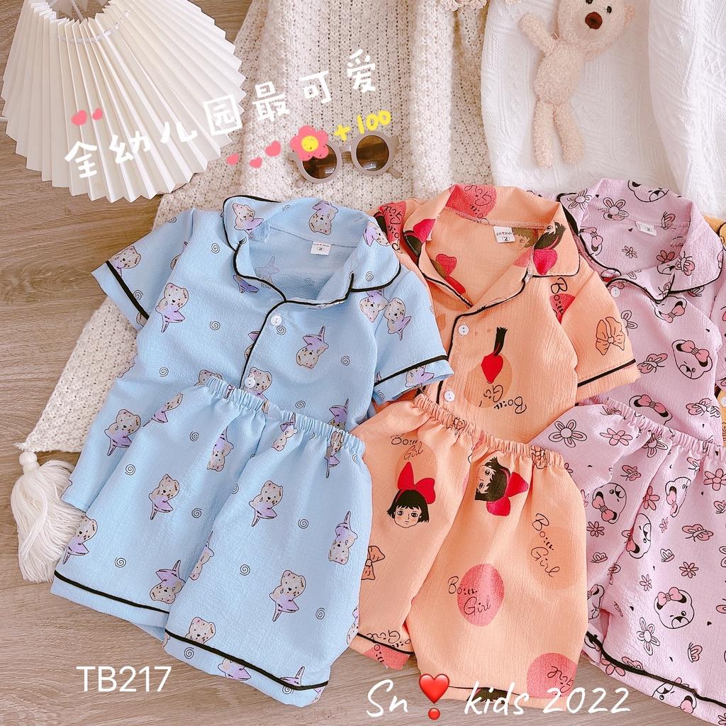 Bộ pyjama cộc tay cho bé gái vải đũi xốp thoáng mát, mềm mại, nhiều màu sắc và họa tiết size từ 10 đến 20 kg