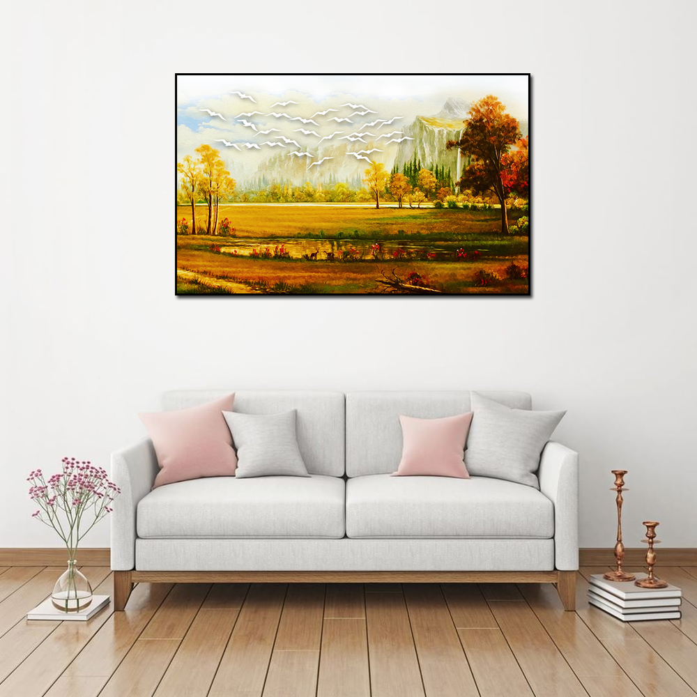 Tranh phong cảnh đồng quê phong cách sơn dầu - vải canvas kim tuyến cán Pima, công nghệ in UV, khung viền composite.