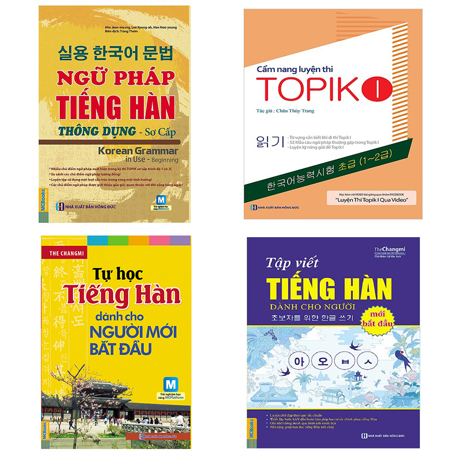 Combo tự học tiếng Hàn dành cho người mới bắt đầu: Cẩm nang luyện thi Topik 1, ngữ pháp tiếng Hàn thông dụng sơ cấp, tự học tiếng Hàn cho người mới bắt đầu, tập viết tiếng Hàn cho người mới bắt đầu