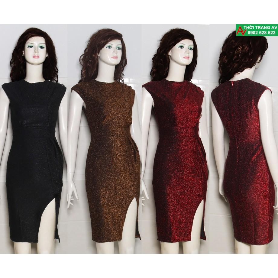 Đầm ôm body xẻ đùi vai đính nút phối thun kim tuyến - AV6243