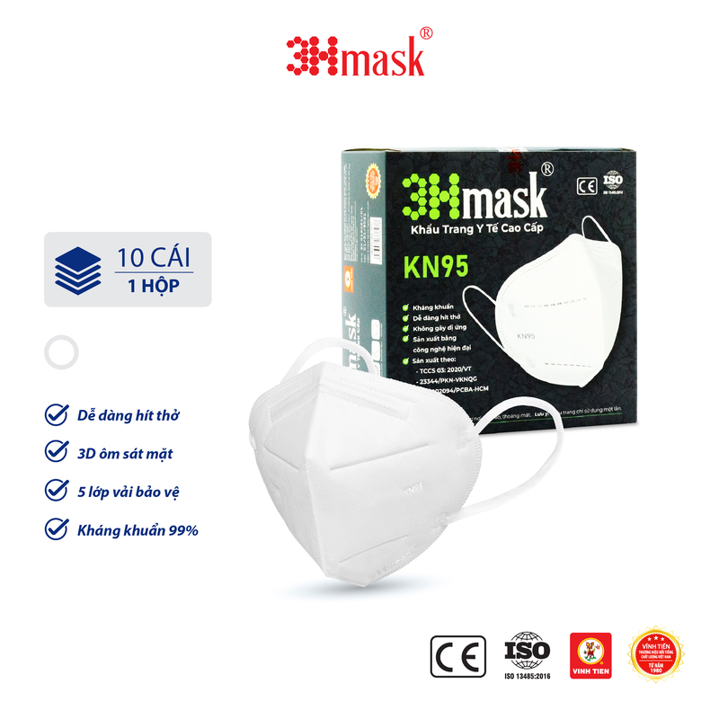 [Thùng 30 hộp] Khẩu Trang 3Hmask KN95 Quai Tròn Trắng (10 cái x 30 hộp)