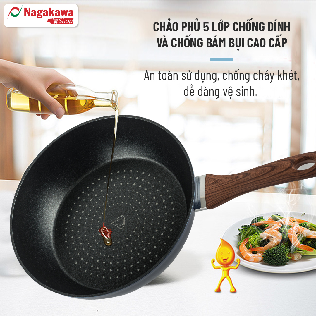 Chảo Sâu Lòng NAG2853 Đáy Từ 5 Lớp Chống Dính Vung Kính Siêu Bền Nagakawa  - Dùng Trên Mọi Loại Bếp - Hàng Chính Hãng