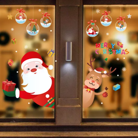 Decal trang trí Noel - Rèm noel châu và 2 người bạn chào