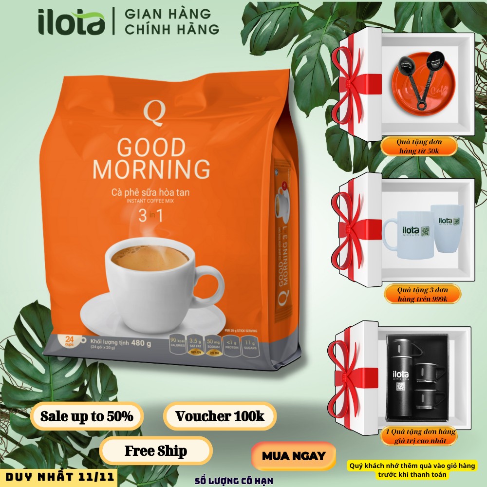 Cà phê hòa tan 3 in 1 Goodmorning cafe sữa uống liền Trần Quang Coffe