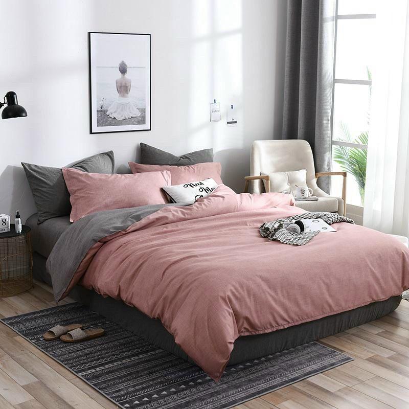 Bộ chăn ga Coton Poly xước hồng ga ghi mẫu mới - Hàng nhập khẩu