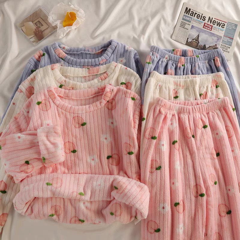 [ Hot loại 1 ] Bộ mặc nhà nỉ lông  hoạ tiết trái đào mềm siêu ấm áp, bộ ngủ lông cừu mẫu mới 2022