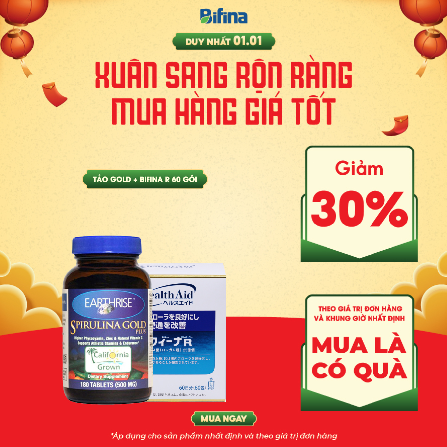 Combo tăng cân: Tảo Mặt Trời Earthrise Spirulina Gold Plus và Men vi sinh Bifina R Nhật bản 60 gói