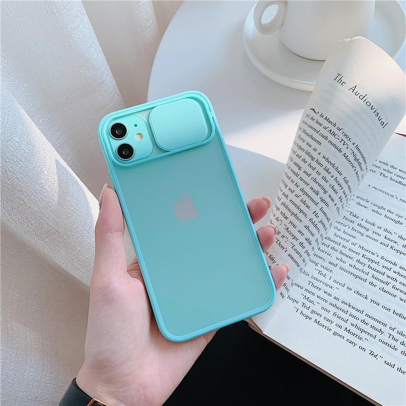 Ốp lưng dành cho iphone nắp trượt che cam bảo vệ camera 6 6s 7 8 plus se 2020 x xs xr 11 12 13 mini pro max lưng nhựa nhám mờ viền nhiêu màu sắc silicon mềm