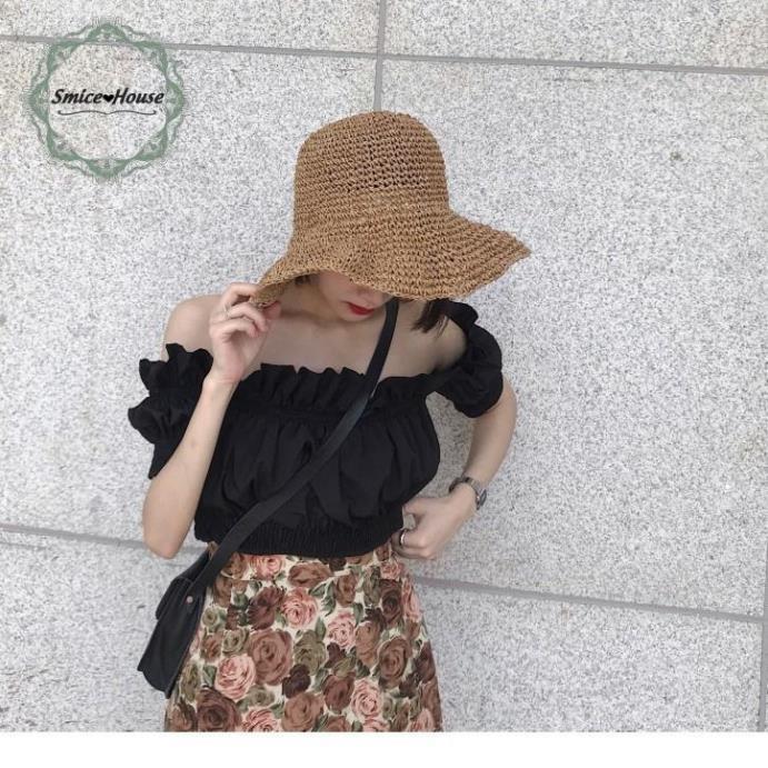 Mũ cói đan trơn phong cách cổ điển xinh xắn cho nữ có dây điều chỉnh size- đi biển, đi chơi- Smice House
