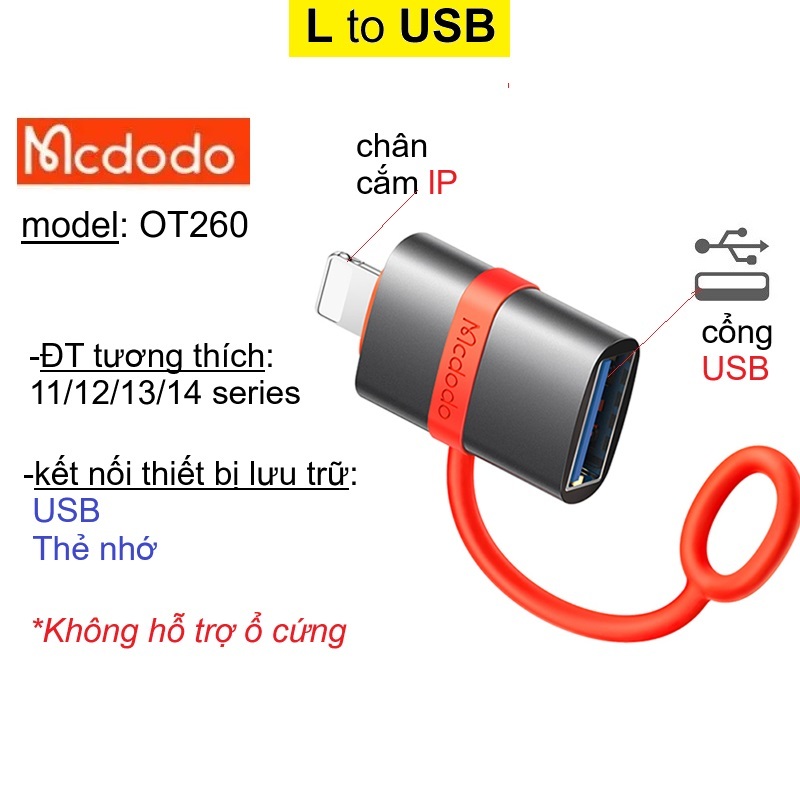 Đầu chuyển đổi OTG  L to USB 2.0 Mcdodo OT260 sao chép dữ liệu usb/ thẻ nhớ trực tiếp trên điện thoại 11/ 12/ 13/ 14 _ Hàng chính hãng